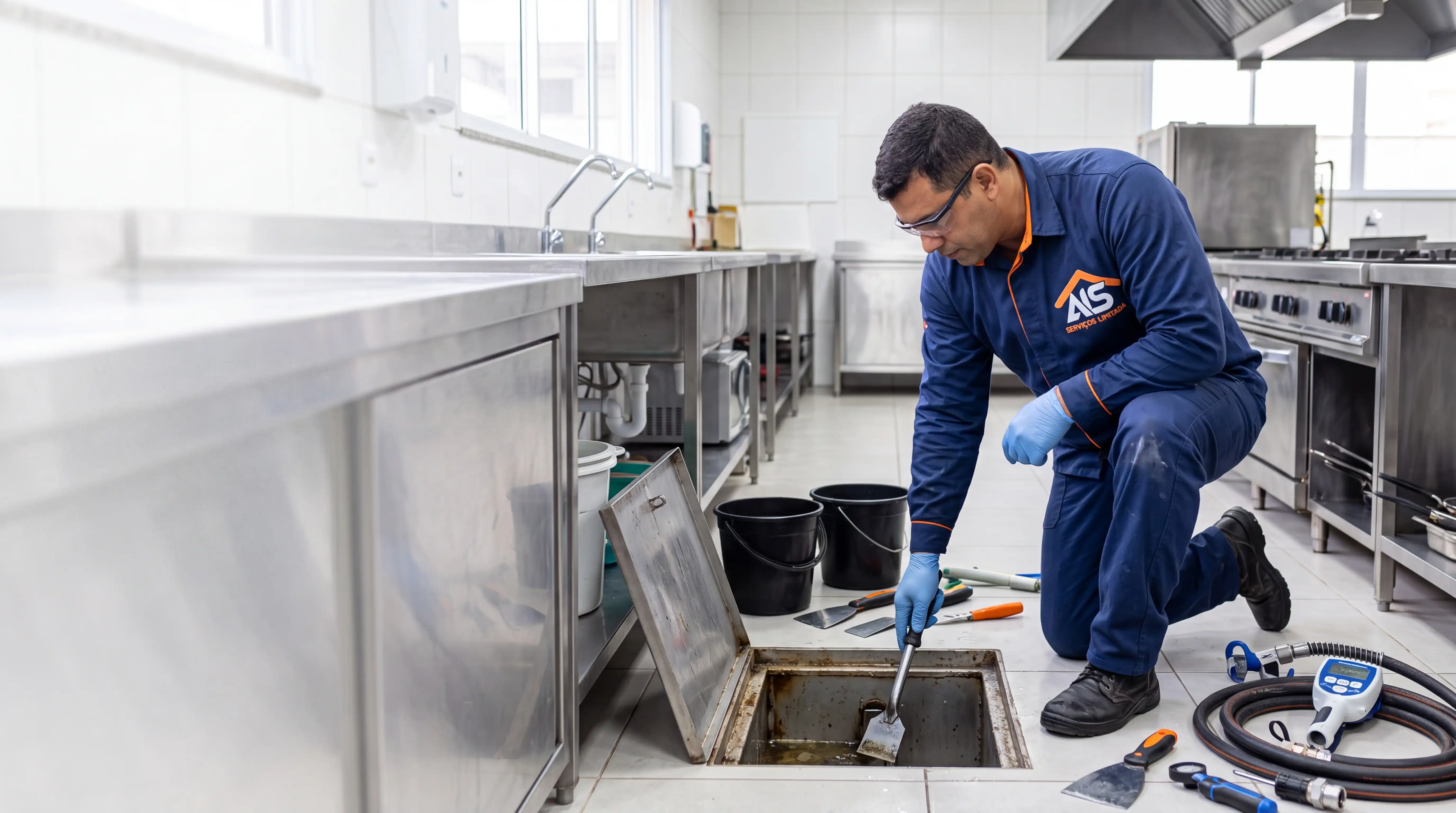 Limpeza de caixa de gordura em cozinha industrial em Montes Claros